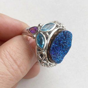 Sterling Silver Druzy Ring Amethyst Blue Topaz 7 1/4
